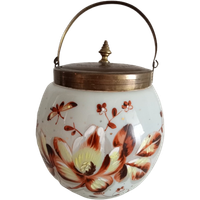 Oud Antiek Wit Opaline Glas Met Koper Koek Doos Engels Staffordshire Look