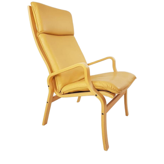 Vintage Okergele Fauteuil Licht Hout | Leren Fauteuil Oker 1