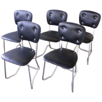 5 X Aluflex Armin Wirth Zwarte Skai Stoelen Jaren 50