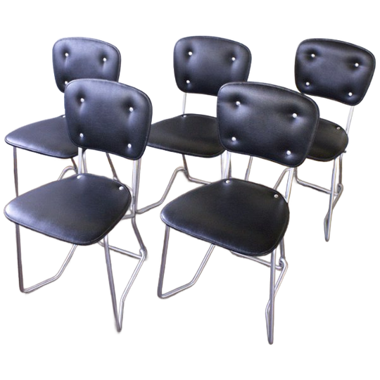 5 X Aluflex Armin Wirth Zwarte Skai Stoelen Jaren 50 1