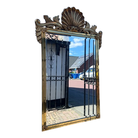 Prachtige Vintage Messing Spiegel Met Schelpdecor, 111 Cm Hoog 1