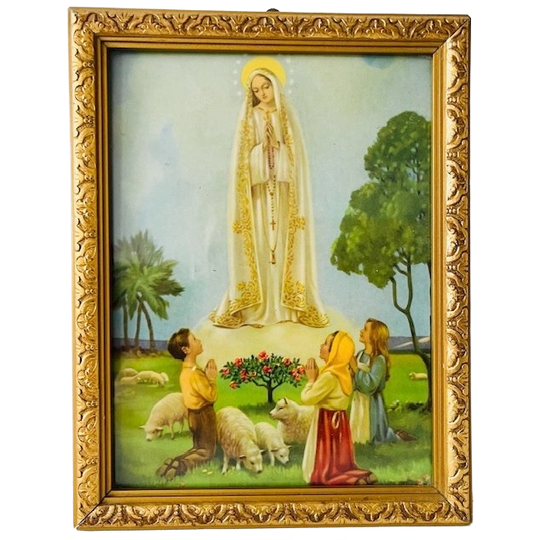 Vintage Religieuze Lithografie Maria Met Drie Kindjes 1940’s 1