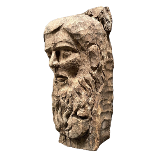 Verweerd Gesneden Houten Hoofd Van Man Met Baard 1