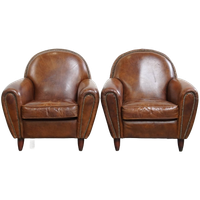 Set Van 2 Stijlvolle En Tijdloze Rundleren Design Fauteuils/armchairs Met Mooie Ronde Vormen