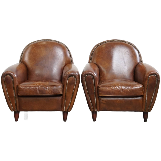 Set Van 2 Stijlvolle En Tijdloze Rundleren Design Fauteuils/Armchairs Met Mooie Ronde Vormen 1