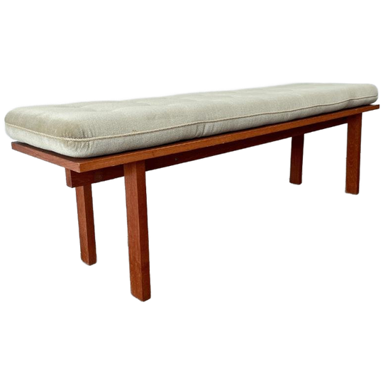 Vintage Midcentury Teak Bankje Met Velour Kussen Grijs/groen 1