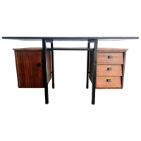 Vintage Houten Bureau Met Zwevend Blad En Zwart Frame
