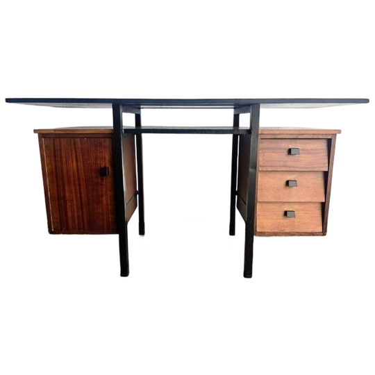 Vintage Houten Bureau Met Zwevend Blad En Zwart Frame 1