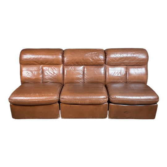 Vintage Mid-century Modulaire Drie-persoons Leren Bank 1