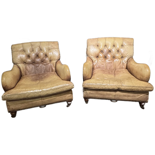 2 X Engelse Vintage Chesterfield Lounge Fauteuils In Hand Gepatineerd Leder Camel 1