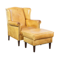 Comfortabele, Charmante, Licht Gekleurde Vintage Engelse Stijl Rundleren Oorfauteuil + Hocker