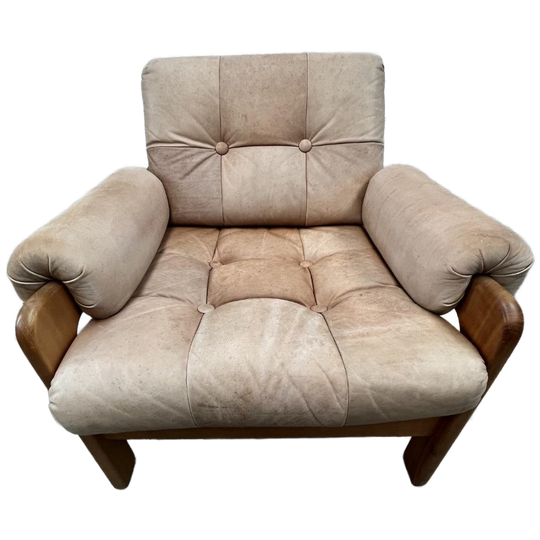 Vintage Fauteuil Of Loungestoel - Hout Met Licht Leer 1