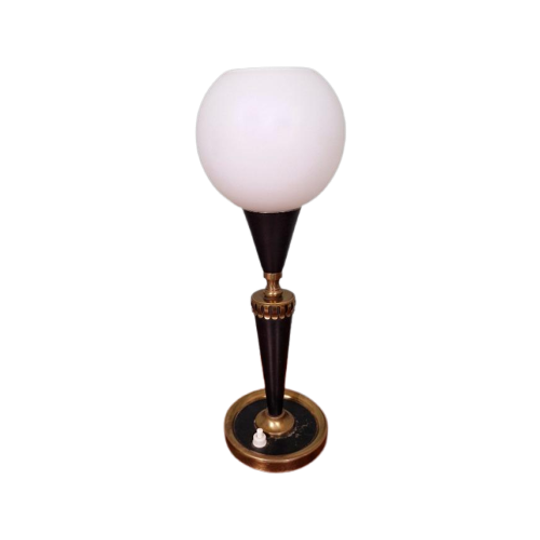 Tafellamp In Zwart Gelakt Metaal En Wit Gesatineerd Glas, 19 1