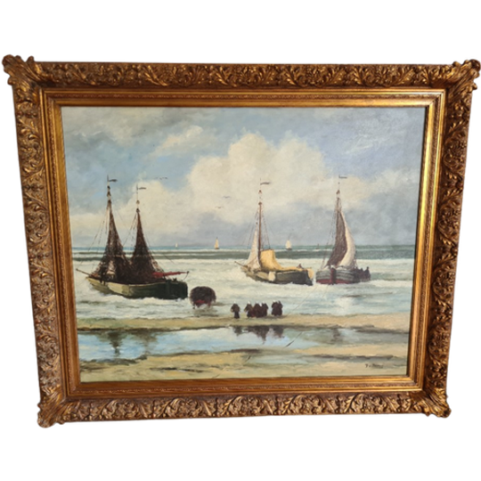 Groot Zeegezicht Met Bomschuiten Op Het Strand 1