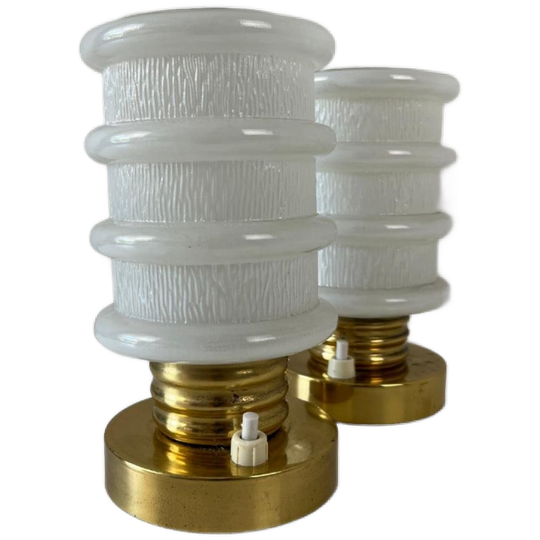 Vintage Tafellampje, Rond Gouden Voet - Witglazen Kapje 2x 1