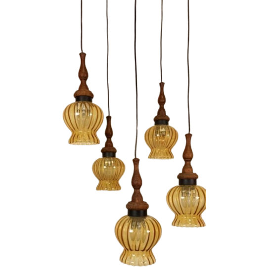 Vintage Grote Cascade Hanglamp Met 5 Glas En Hout Lampen 1