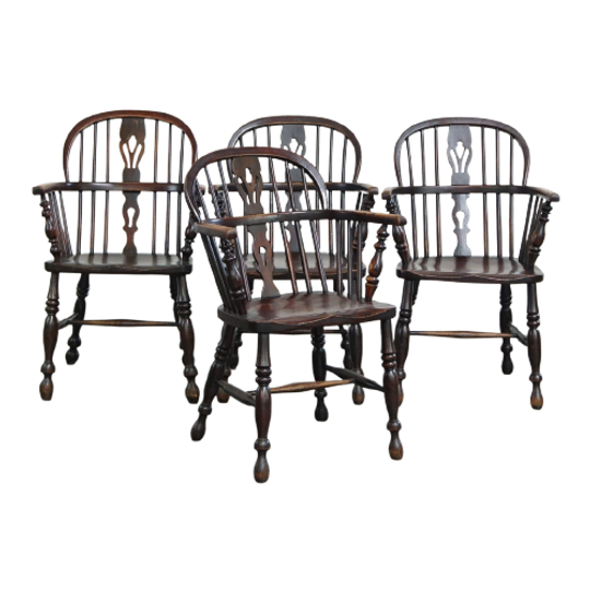 Set Van 4 Prachtige Antieke Engelse Lowback Windsor Stoelen/ Eetkamerstoelen 1