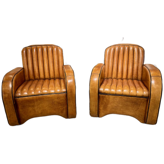 2 X Waanzinnige Vintage Schapenleren Fauteuils In Art Deco Stijl Cadillac Cognac Leer 1
