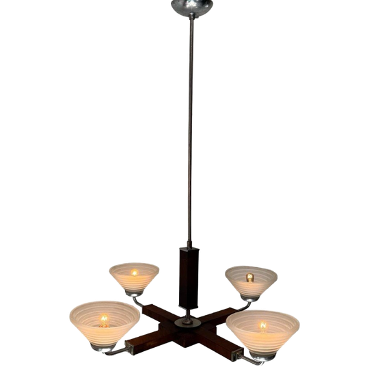 Art Deco Chandelier - Ca. 1930, Czechoslovakia - Satin Glass, Walnut Veneer And Chromed Metal Frame 1