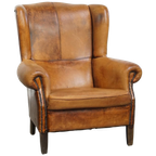 Comfortabele Vintage Oorfauteuil Gemaakt Van Karakteristiek Schapenleer thumbnail 1