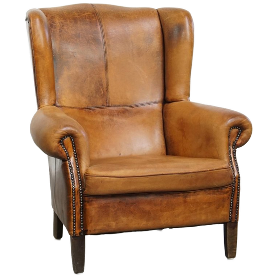 Comfortabele Vintage Oorfauteuil Gemaakt Van Karakteristiek Schapenleer 1