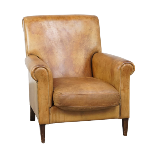 Comfortabele En Stijlvolle Vintage Schapenleren Fauteuil/armchair Met Rechte Vormen 1