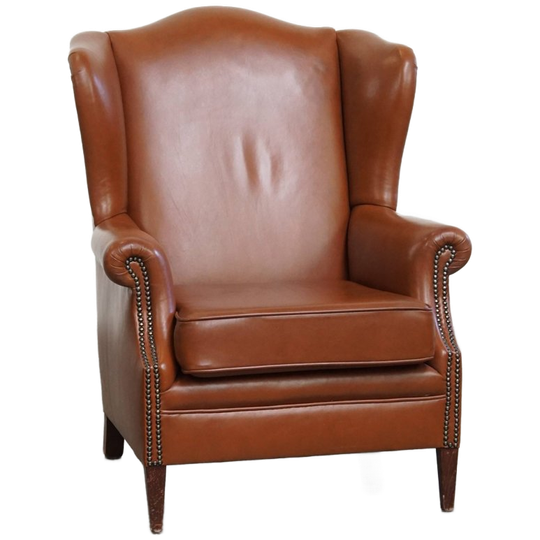 Stijlvolle En In Correcte Staat Verkerende Cognac Kleurige Rundleren Oorfauteuil In Engelse Stijl 1