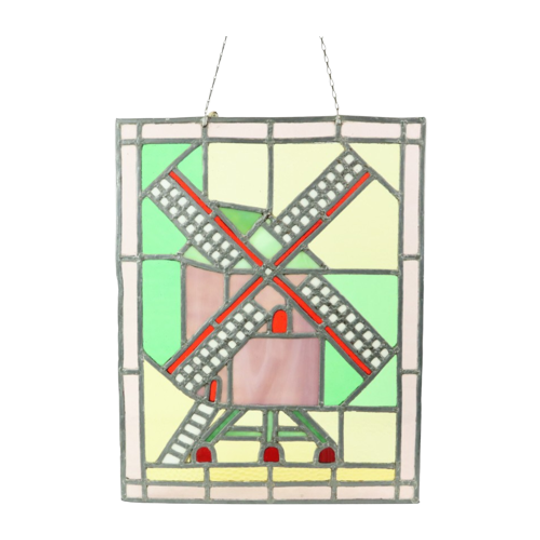 Vintage Glasraam Molen Glas In Lood Zonnevanger 47x37cm 1