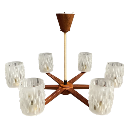 Teak Ceiling / Pendant Lamp 6 Glass Shades 1960S