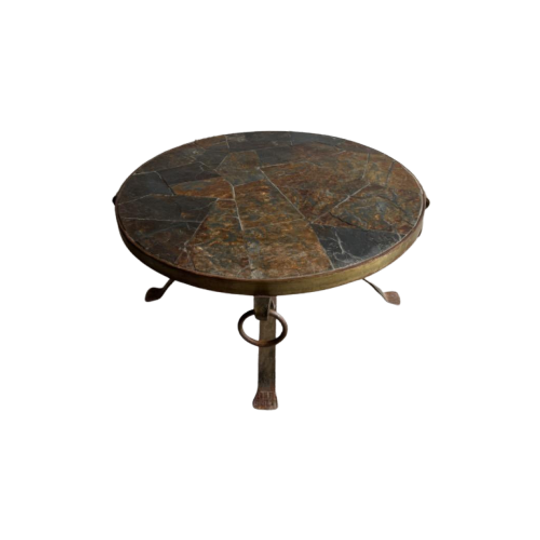 Brutalistic Round Slate Iron Coffee Table ,70s 1