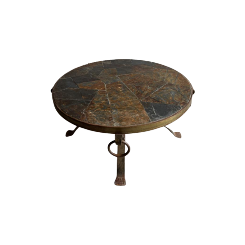 Brutalistic Round Slate Iron Coffee Table ,70S