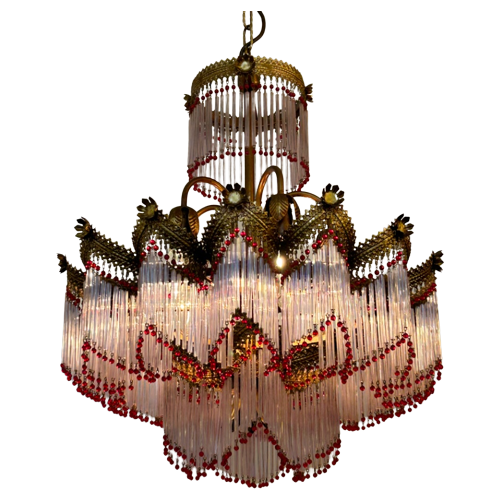 Art Deco Kroonluchter Vintage Italiaans Staafjes Opaal Hanglamp