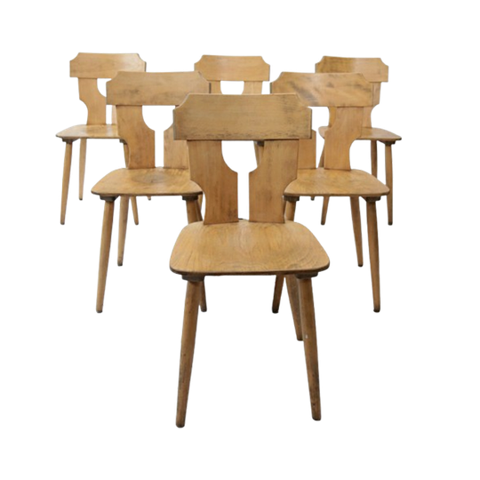 Set Van 6 Brutalist Licht Houten Stoelen Jaren 60 1