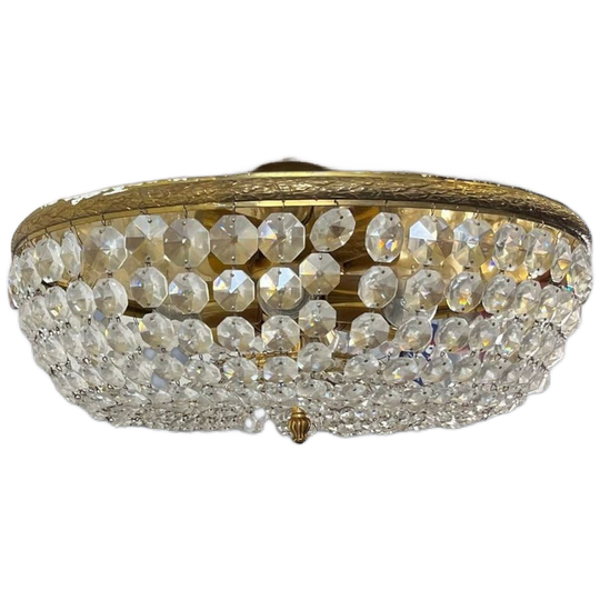 Vintage Messing Plafonnière / Hanglamp Met Kristal 1