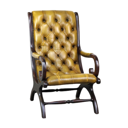 Sierlijke Rundleren Chesterfield Fauteuil Gecombineerd Met Hout