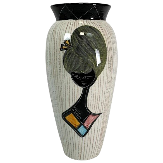 Handbeschilderde Vintage Vaas Met Vrouwenhoofd, Jaren 50 1
