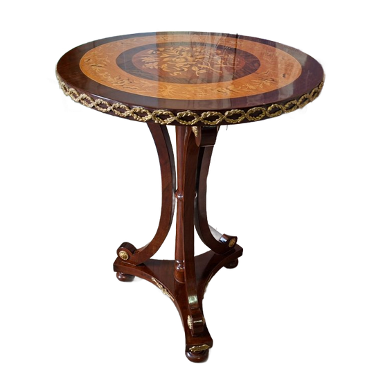 Ronde Klassieke Notenfineer Met Marqueterie Centretable Met Sierlijk Onderstel En Messing Beslag, Naar Antiek Model, 78 Cm Hoog, Blad 56 Cm Diameter 1