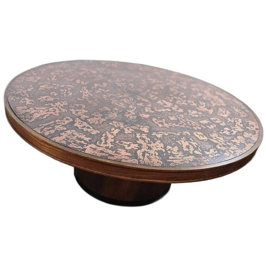 Vintage Ronde Houten Salontafel Met Koperen Blad 1