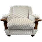 Vintage Fauteuil Met Houten Details, Velour - Ruitjespatroon thumbnail 1