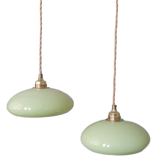 Set Van 2 Vintage Hanglampen Van Groen/mint Pastel Opaline Glas. 1