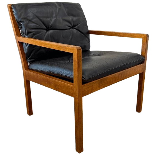 Midcentury Fauteuil Hout, Webbing – Zwart Leren Kussens 1