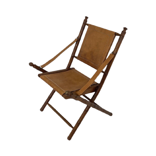 Officer’S Chair - Wood And Leather Upholstery - Military Campaign Style 1