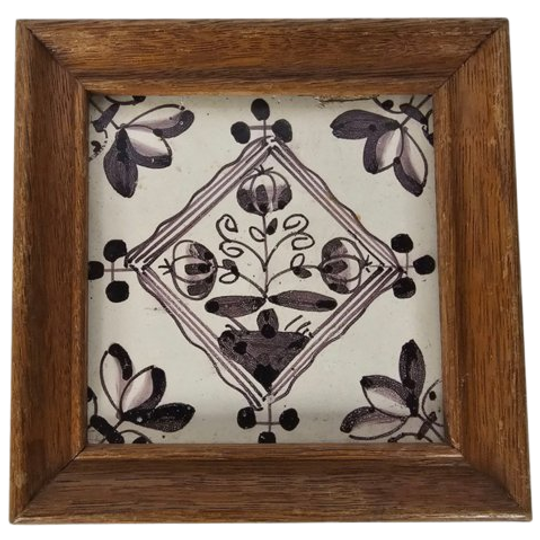 Delft - Tegel Ingelijst In Eiken Houten Lijst - Bloemmotief - 19e Eeuw 1