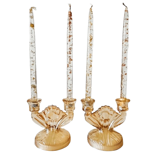 Vintage Paar Jeanette Carnival Glas Perzik Kandelaren Art Deco 1930’s 1