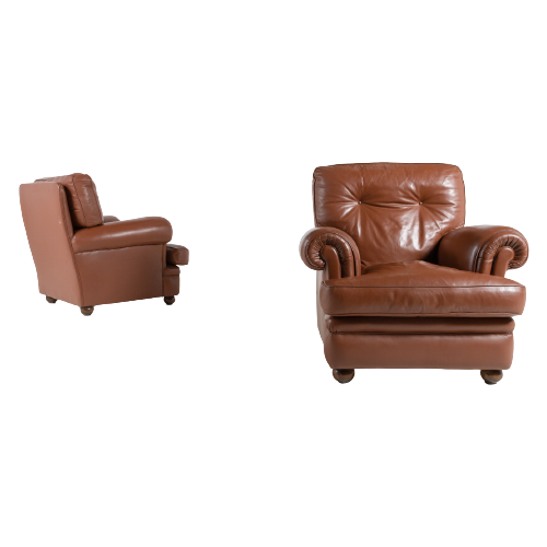 Pair Of Brown Leather Club Armchairs / Fauteuil From 1970’S, Italy