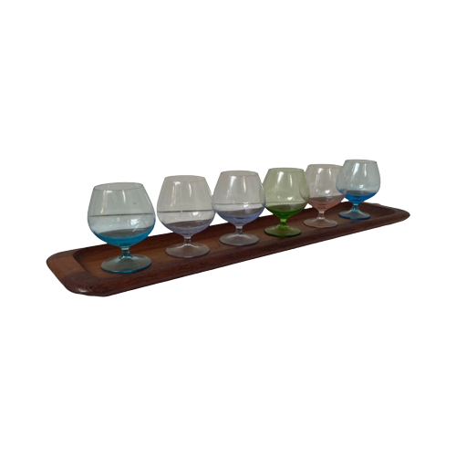 Ca. 1960’S - Denmark - Mcm Bar Set - Six Low Glasses And A Teak Serving Tray By Digsmed