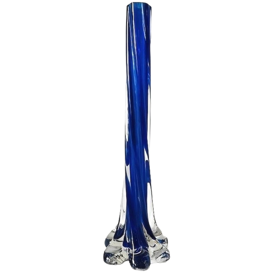 Vintage Mid-century Gedraaide Vaas Blauw Glas Met Draaistam 1950’s 1