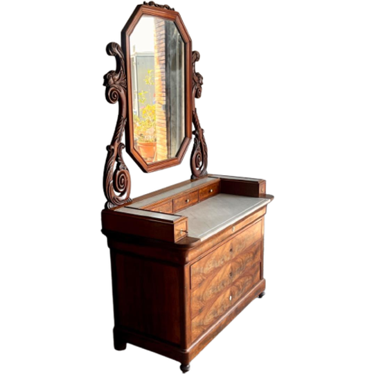 Antique Eastlake Victorian Carved Walnut Marble Top Dresser Chest Washstand With Mirror Vanity Bu 1