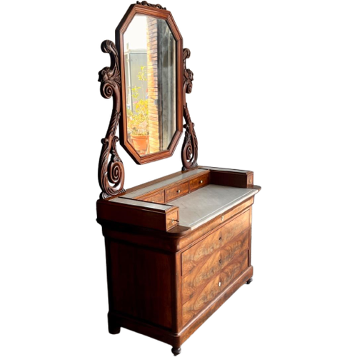 Antique Eastlake Victorian Carved Walnut Marble Top Dresser Chest Washstand With Mirror Vanity Bu