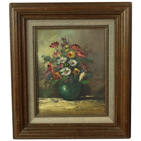Vintage Bloemen Stilleven Amateur Schilderij Ingelijst Gesigneerd 1